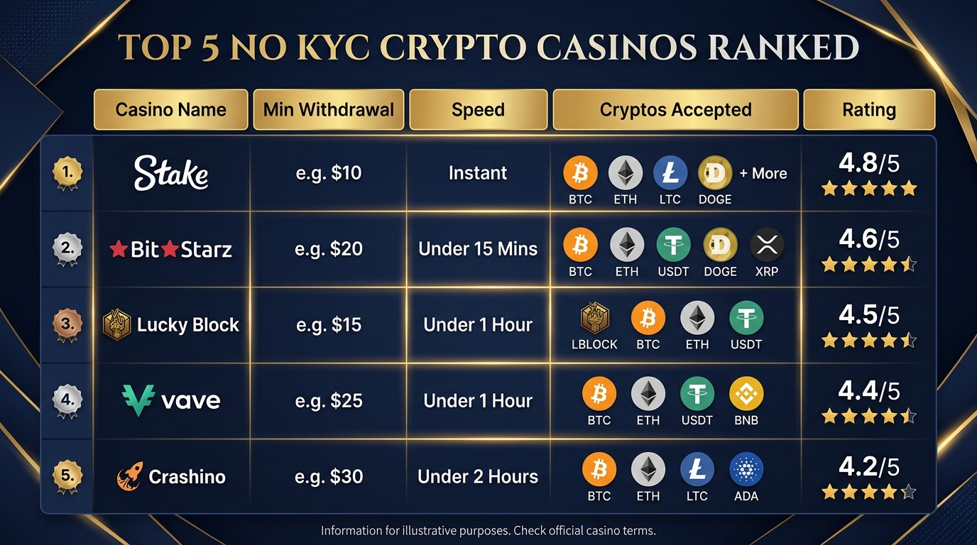 Top 5 no KYC crypto casinos ranked by withdrawal speed and anonymity