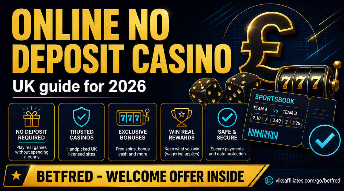 Online no deposit casino UK 2026 — laptop screen showing free spins offer with UKGC logo