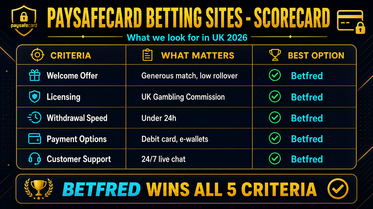 Comparison table of UK betting sites that accept Paysafecard deposits in 2026