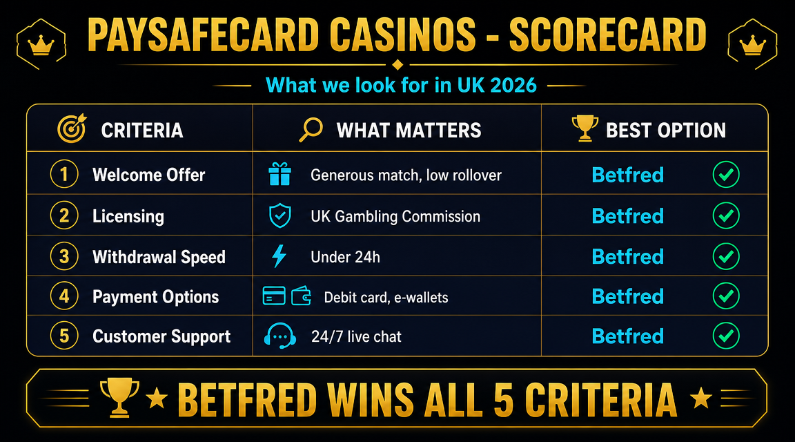 Comparison infographic showing Paysafecard deposit limits, fees and bonus eligibility across UK casinos