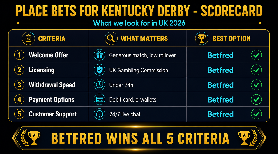 Comparison table of UK bookmakers Kentucky Derby place terms, BOG and ante-post markets