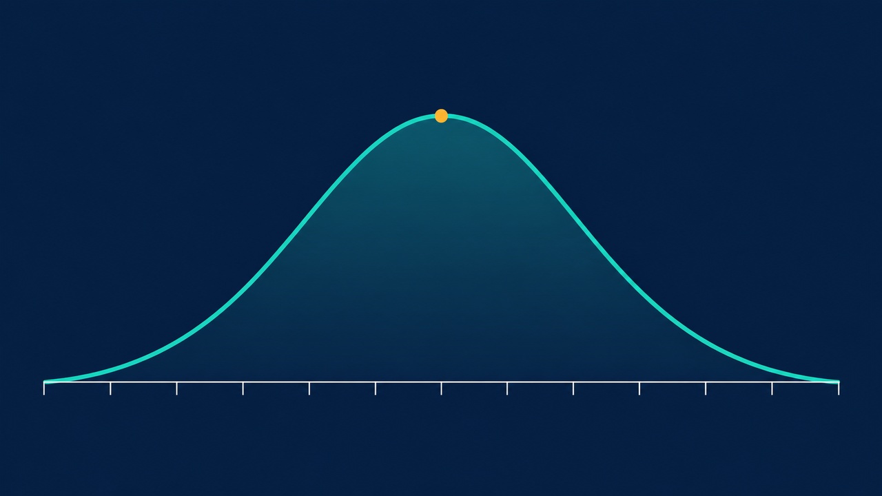 Flat vector chart of a single smooth symmetric dome curve on a deep navy background, rising from the baseline at the left, peaking in the centre with a small amber dot, and falling back to the baseline at the right, over an unlabelled tick axis