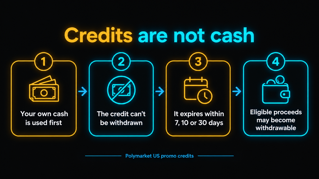 Infographic titled Credits are not cash, four steps for Polymarket US promo credits: your own cash is used first, the credit cannot be withdrawn, it expires within 7, 10 or 30 days, and eligible proceeds may become withdrawable