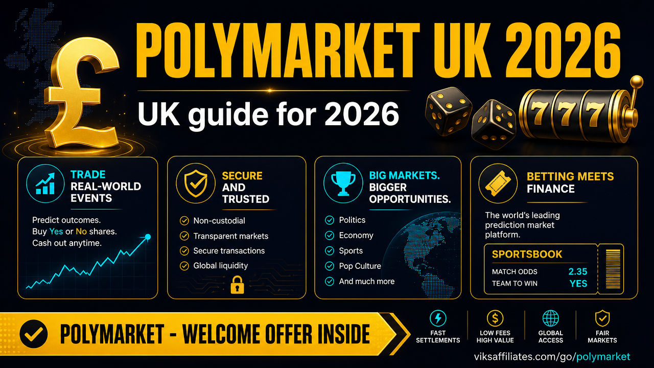 Polymarket UK access guide showing prediction market interface and Union Jack