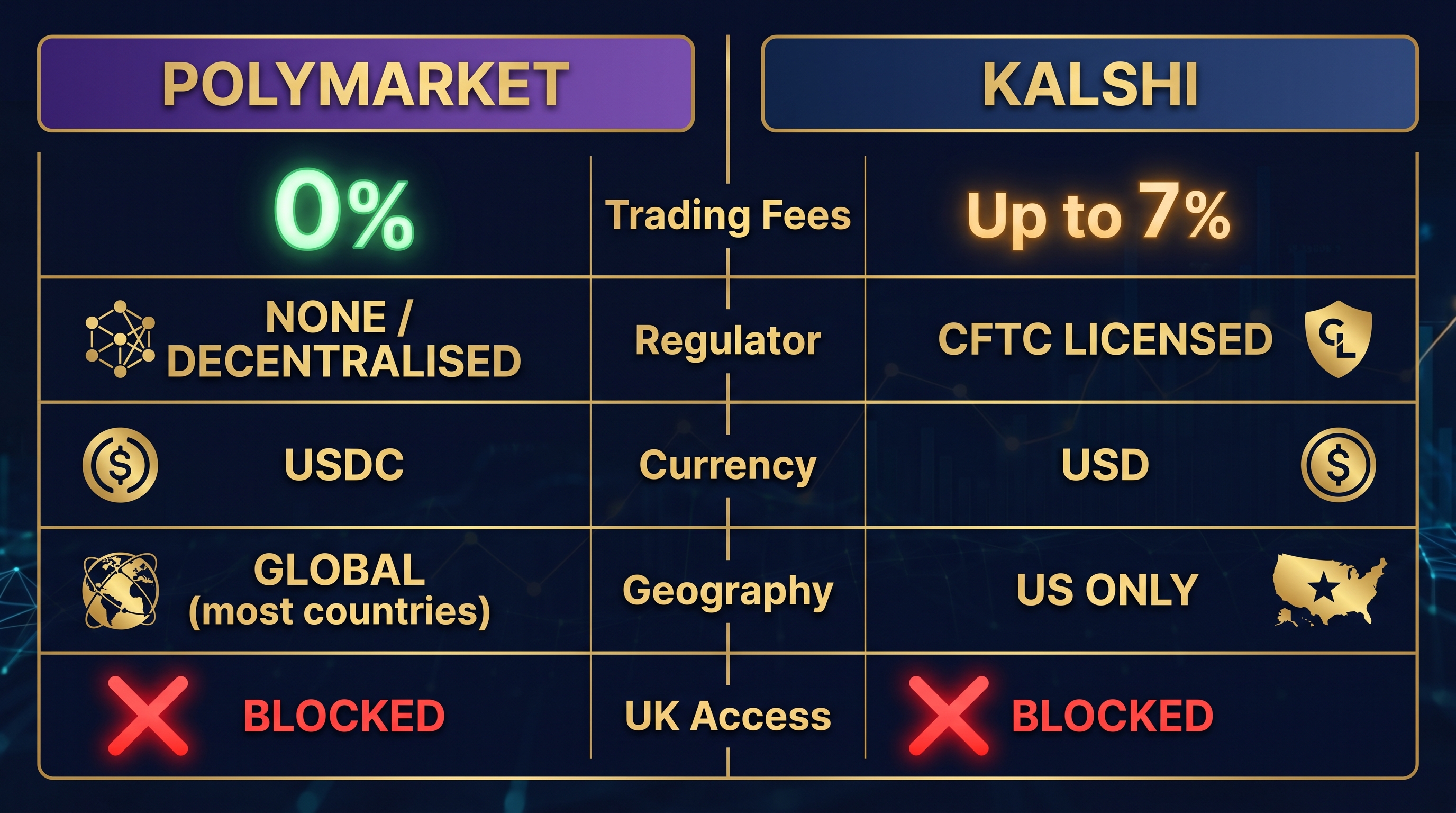 Polymarket vs Kalshi side-by-side fee comparison showing 0% commission vs 7% winnings fee