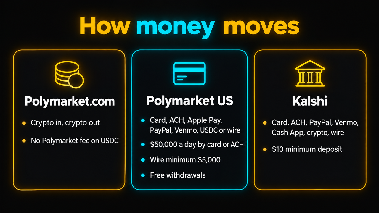 Infographic titled How money moves: Polymarket.com crypto in and crypto out with no Polymarket fee on USDC; Polymarket US by card, ACH, Apple Pay, PayPal, Venmo, USDC or wire, with $50,000 a day by card or ACH, a $5,000 wire minimum and free withdrawals; Kalshi by card, ACH, PayPal, Venmo, Cash App, crypto or wire, with a $10 minimum deposit