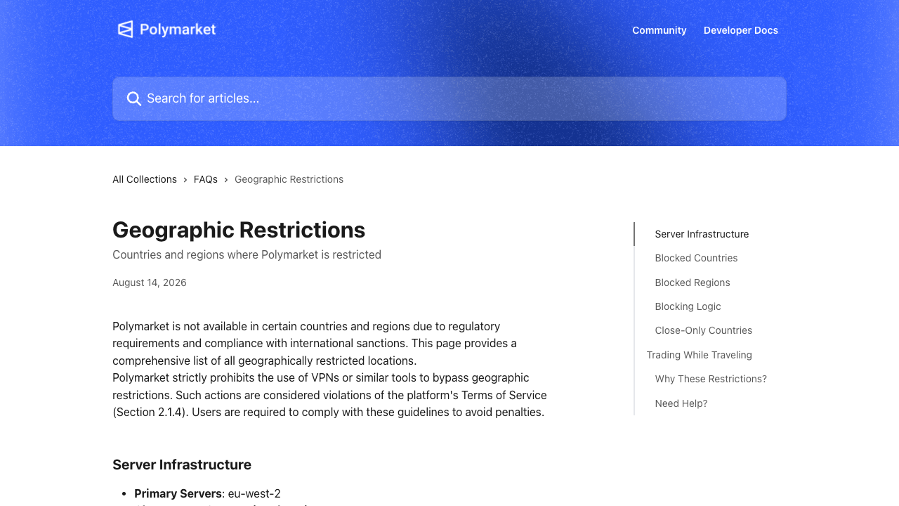 Screenshot of Polymarket's help-centre page Geographic Restrictions, dated August 14, 2026, showing the sentence that Polymarket strictly prohibits the use of VPNs or similar tools to bypass geographic restrictions