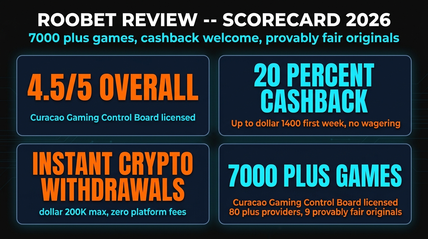 Roobet Review 2026 scorecard — 4.5 out of 5 rating, 20 percent cashback welcome up to 1400 dollars, 7000 plus games from 80 plus providers, 9 provably fair originals, instant crypto withdrawals