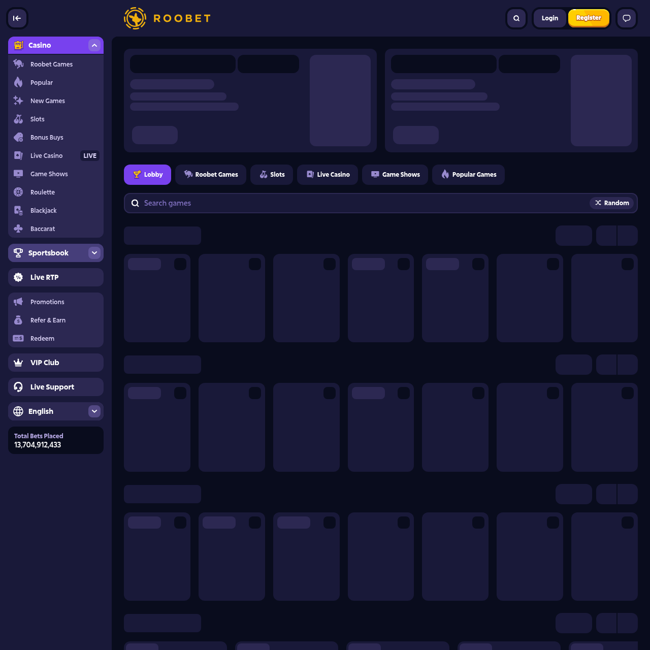 Roobet casino game lobby featuring popular slots, live dealer tables, and provider filtering with 7,000 plus titles from 80 plus providers including Pragmatic Play, Evolution, and Hacksaw Gaming