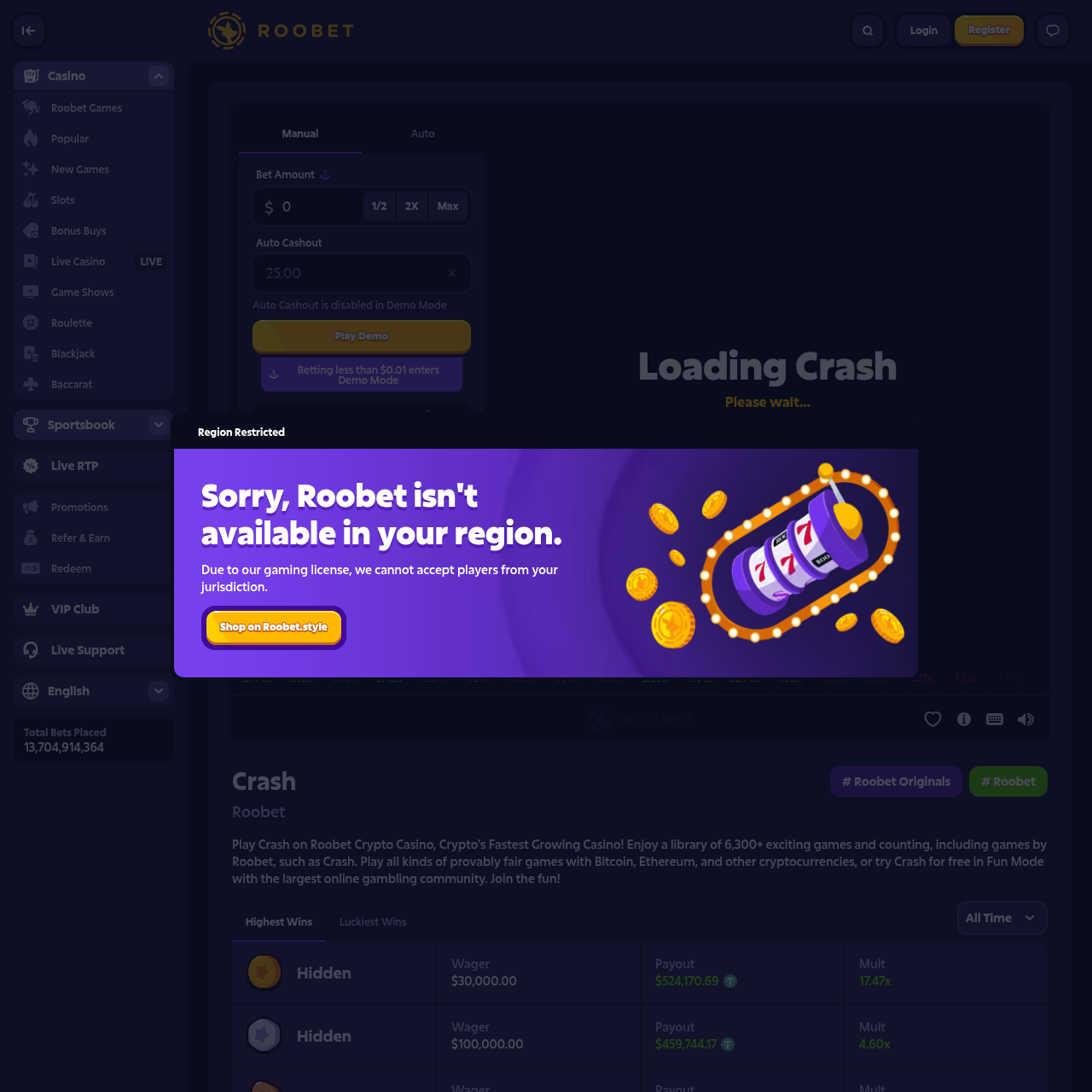 Roobet Originals game lobby showing Crash, Mines, Plinko, Towers, Snoop's HotBox and other provably fair in-house games with live player counts and bet amounts