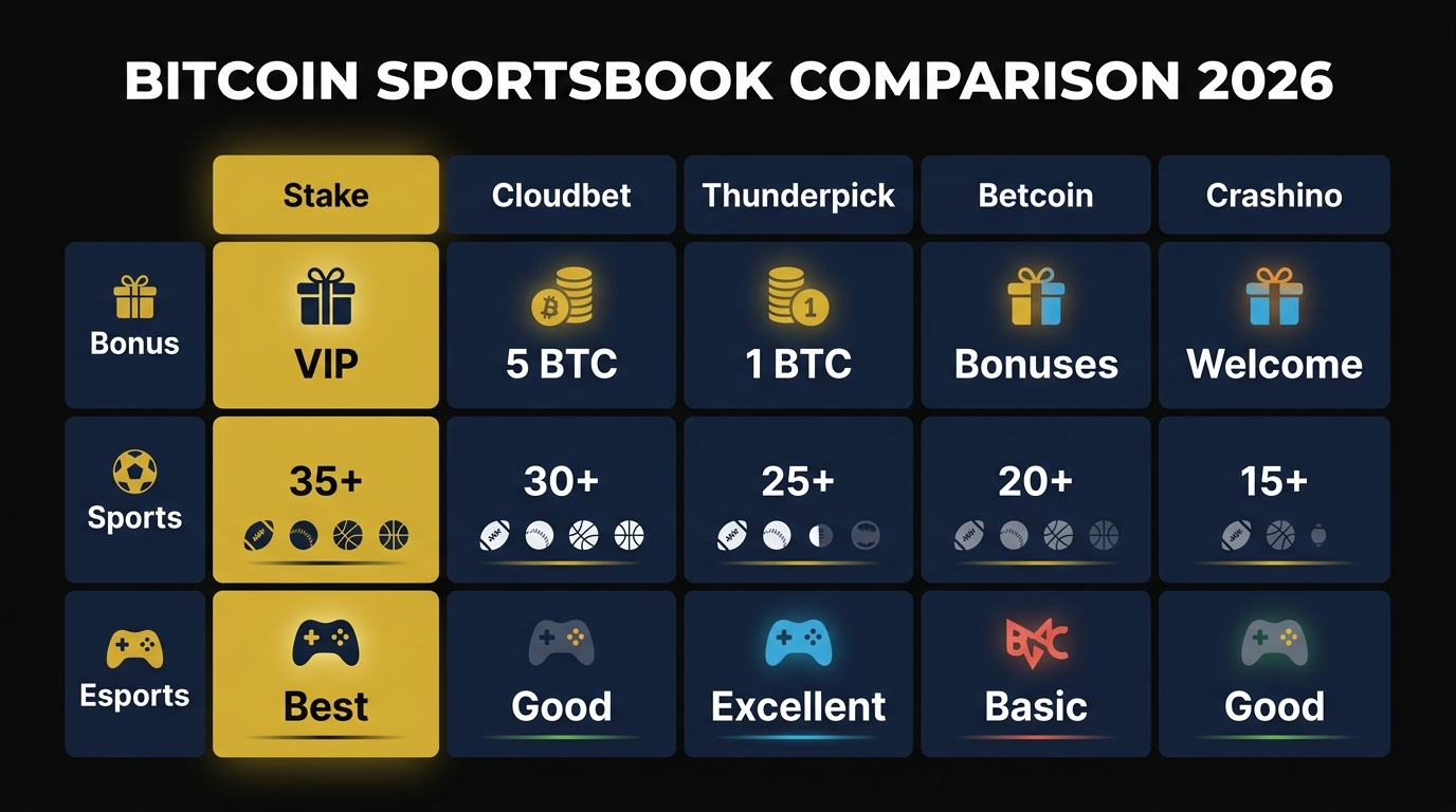 Bitcoin sportsbook comparison — Stake vs Cloudbet vs Thunderpick vs Betcoin vs Crashino side by side