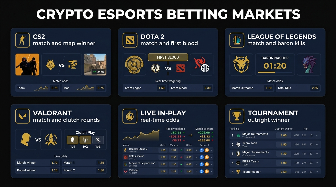 Esports betting markets — CS2, Dota 2, LoL, and Valorant crypto betting options and market types