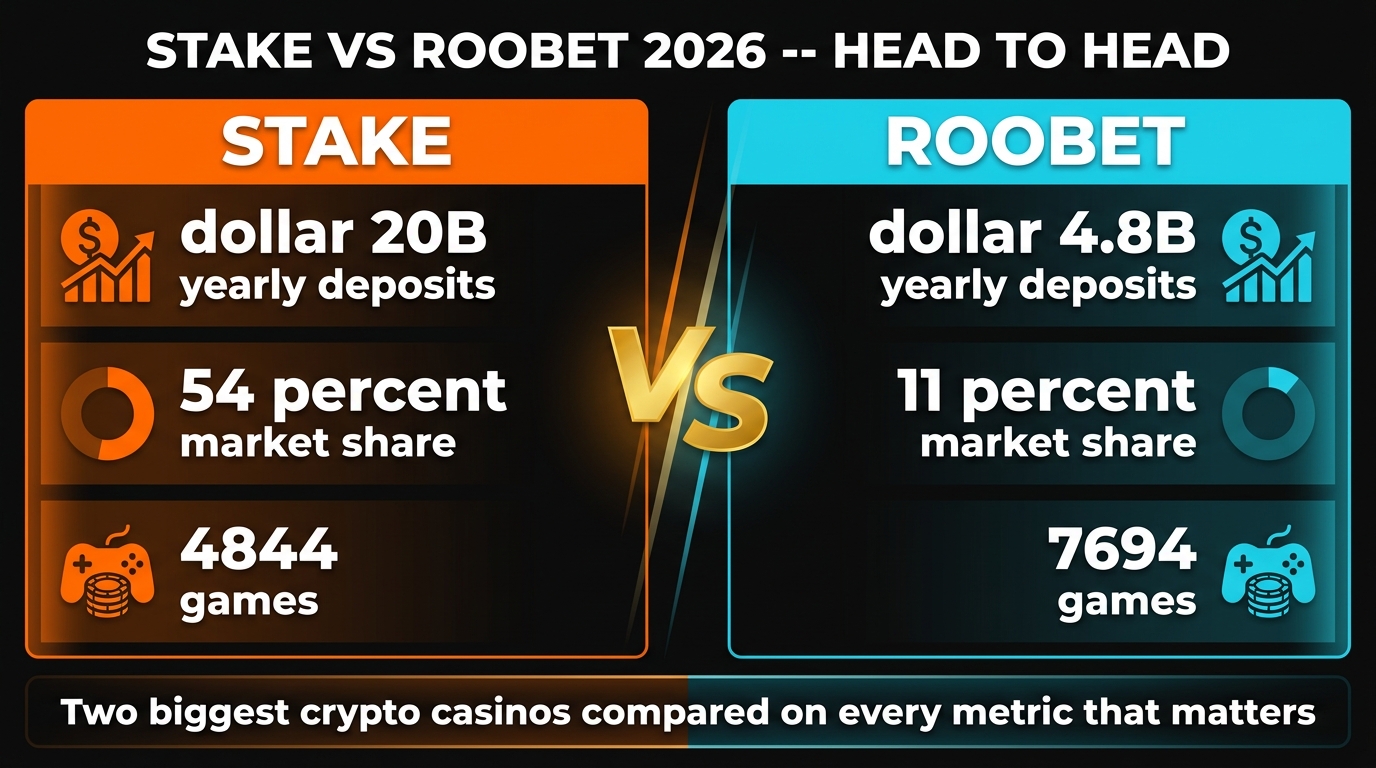Stake vs Roobet 2026 side-by-side comparison — Stake leads with 54% market share, 82+ sports, 20+ cryptos and a 15-tier VIP program while Roobet counters with 7,694 games, 20% cashback welcome, 4.3 Trustpilot score and LatAm availability