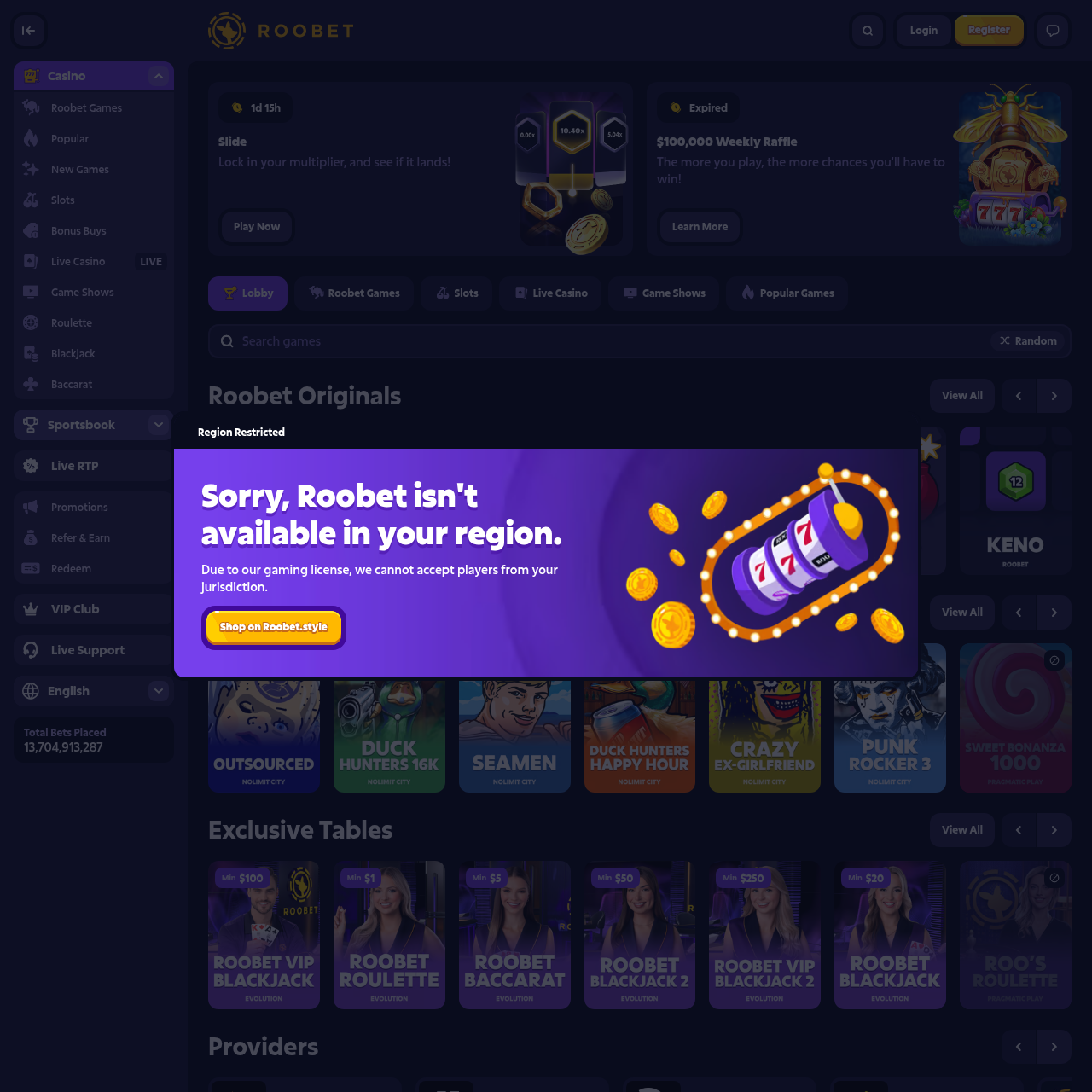 Roobet casino lobby displaying 7,694 games with slot categories, bonus buy section, new releases, and provider filtering across 80 plus game studios