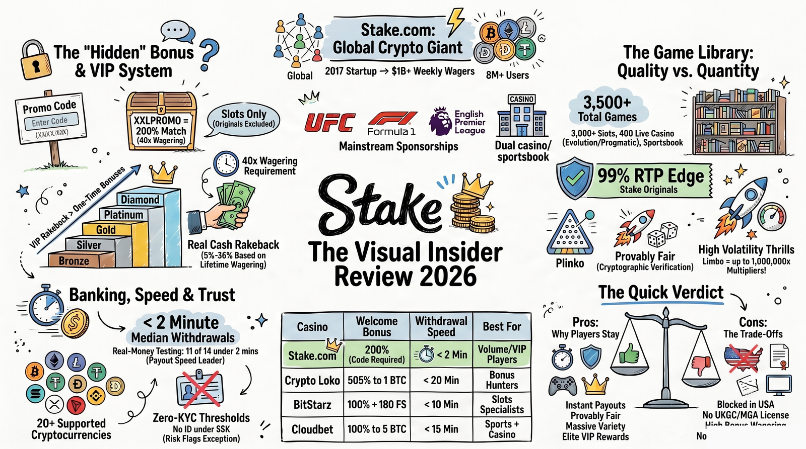 Stake.com at a glance sketch-note infographic — 3000+ games, 99% RTP Originals, VIP rakeback up to 36%, under 2 minute withdrawals