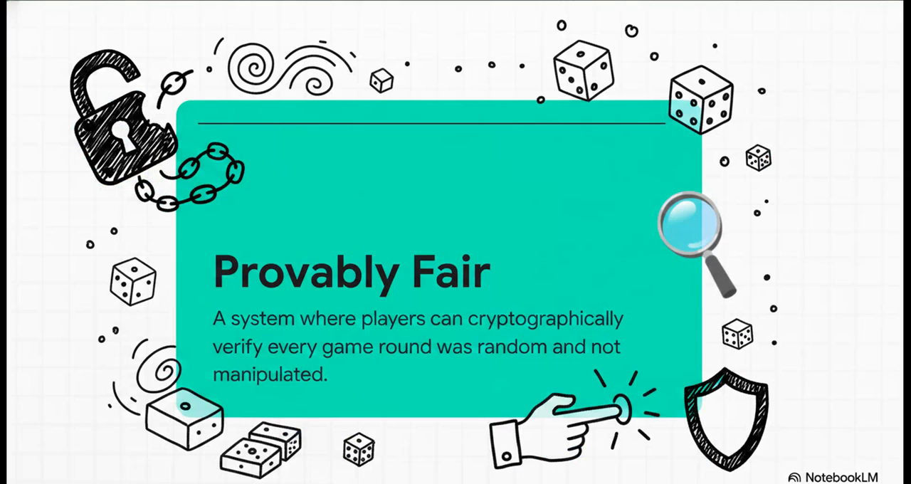 Provably fair explainer — players can cryptographically verify every game round was random and not manipulated by the casino