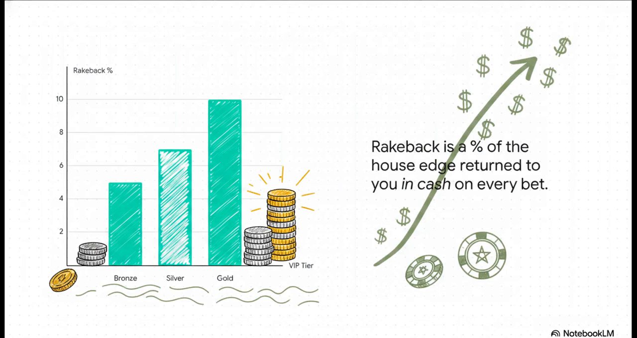 Stake VIP rakeback scaling chart — percentage of house edge returned to you in cash per bet by tier (Bronze, Silver, Gold, VIP+)