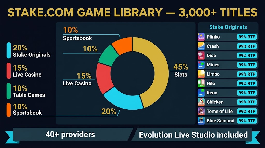 Stake.com game library distribution — 45% slots, 20% Originals, 15% live casino, 10% table games, 10% sportsbook