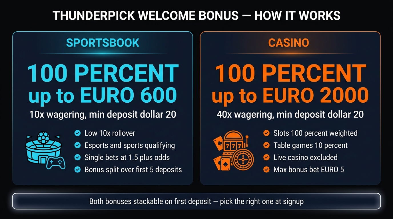 Thunderpick welcome bonus breakdown — 600 euro sportsbook with 10x rollover versus 2000 euro casino with 40x rollover