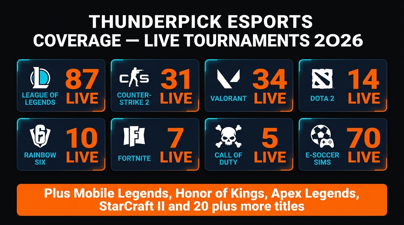 Thunderpick live tournament count by game — League of Legends 87, Counter-Strike 2 31, Valorant 34, Dota 2 14, Rainbow Six 10, Fortnite 7, Call of Duty 5, E-Soccer 70