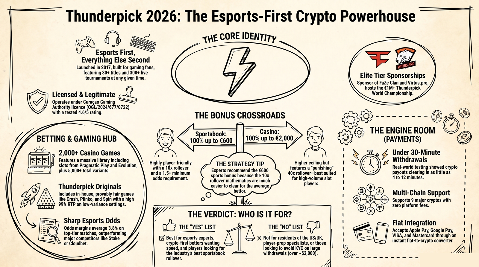 Thunderpick at a glance sketch-note infographic — esports-first crypto sportsbook with bonuses, withdrawals, game counts