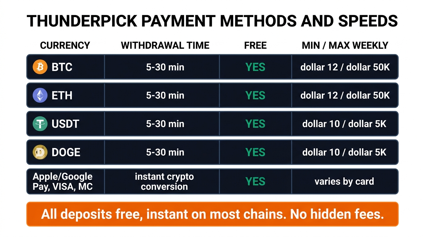 Thunderpick payment methods and withdrawal speeds — BTC ETH USDT DOGE all fee-free 5-30 minutes with weekly limits up to 50000 dollars