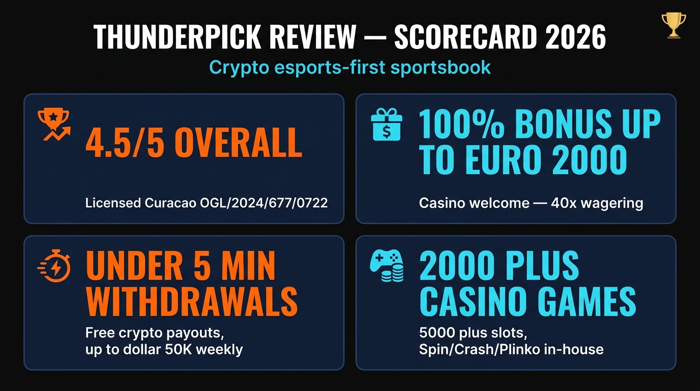 Thunderpick Review 2026 scorecard — 4.6 out of 5 rating, 100 percent up to 2000 euro casino bonus, under 5 minute crypto withdrawals, 2000 plus casino games