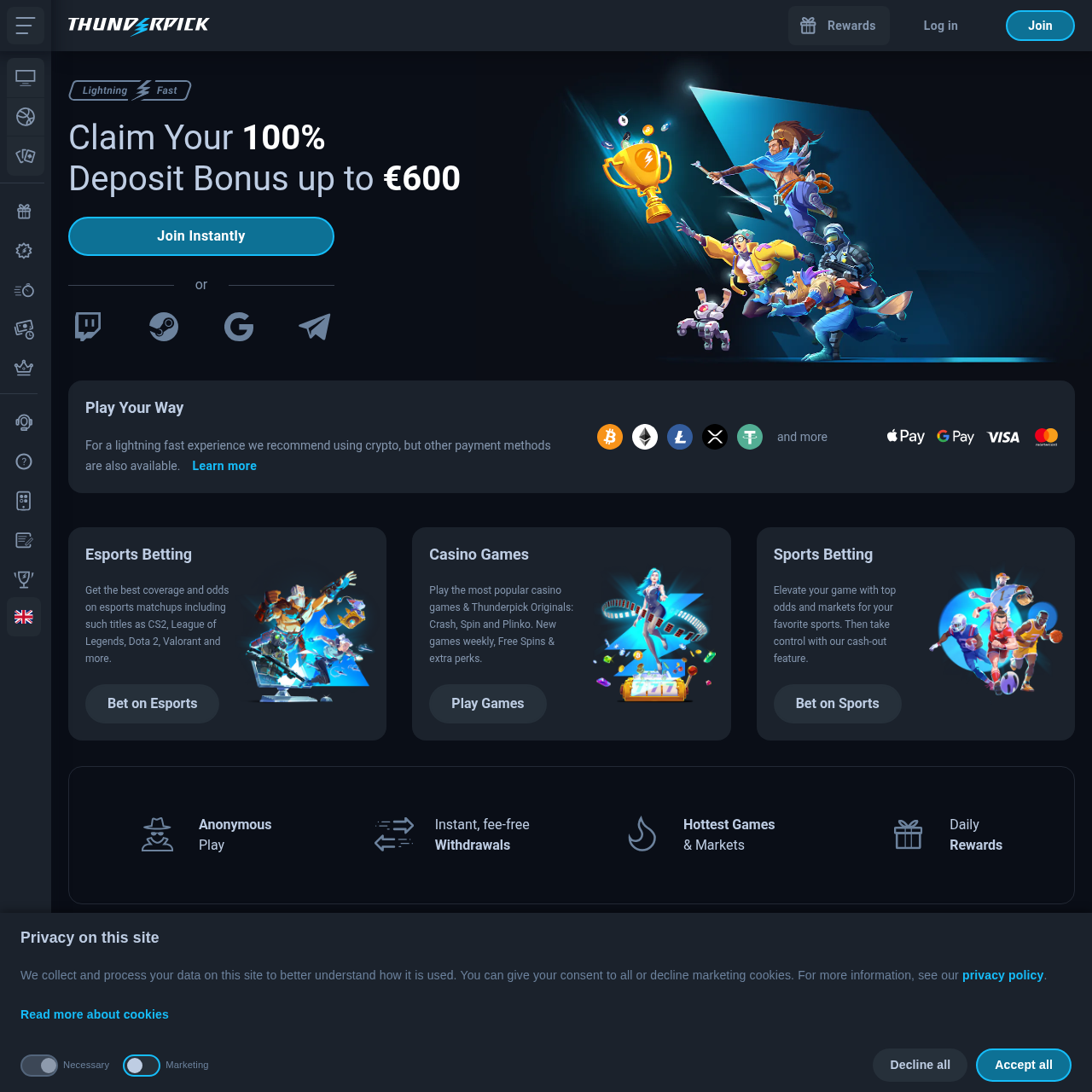 Thunderpick homepage — crypto esports betting and casino with 100 percent deposit bonus up to 600 euro