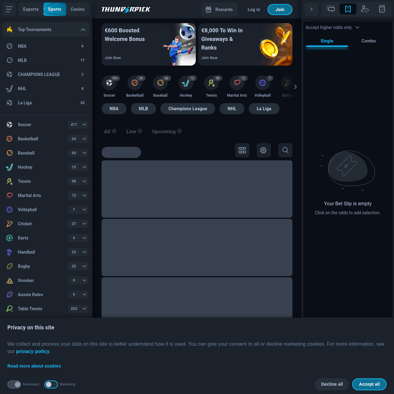 Thunderpick sports betting lobby with soccer, basketball, American football and more