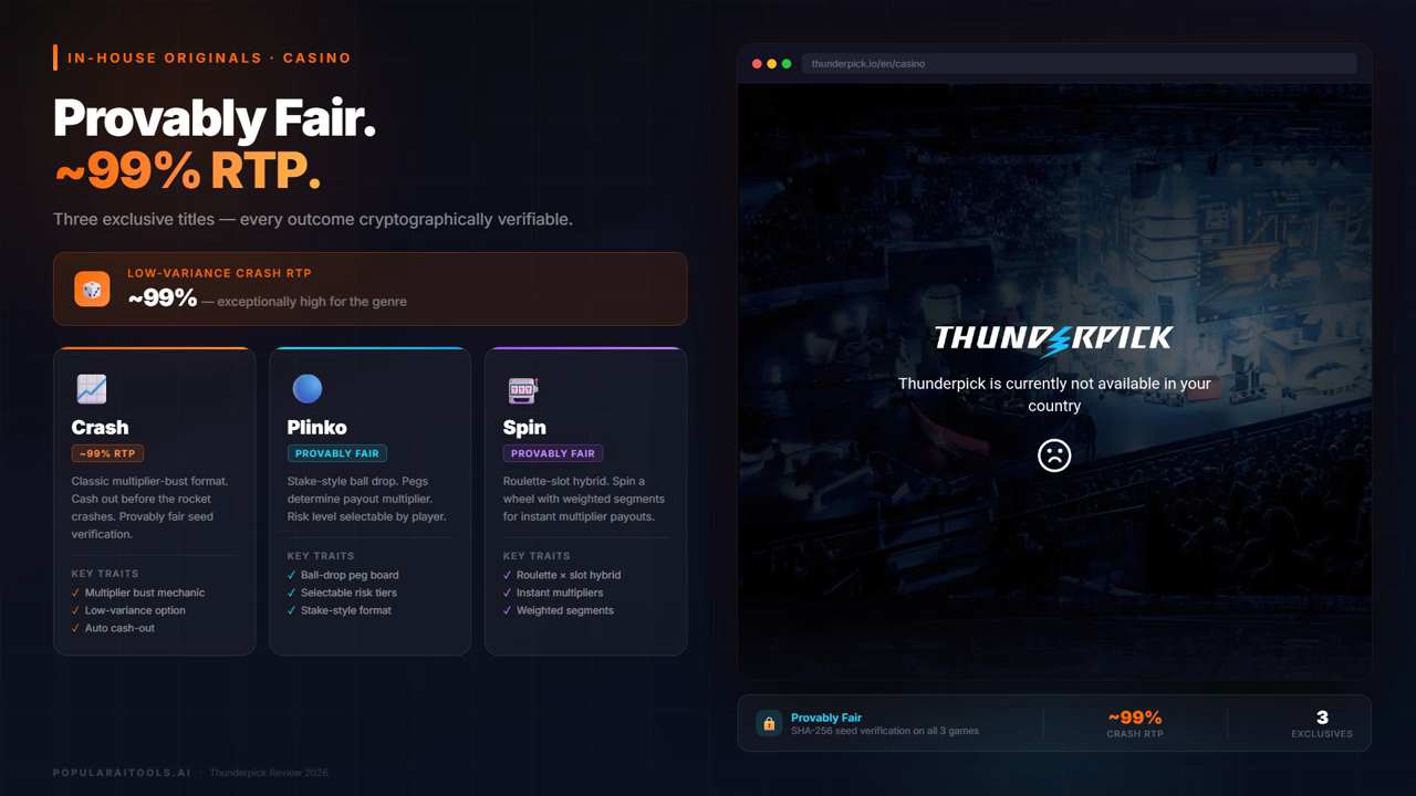 Thunderpick Originals — Spin, Crash, and Plinko provably fair games
