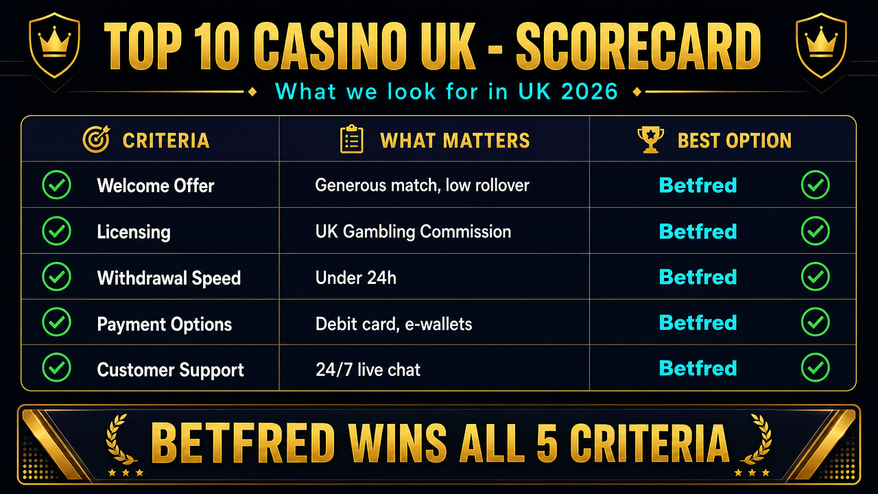 UK casino comparison table — Betfred, BetMGM, 32Red, Unibet, Duelz withdrawal times and bonus terms