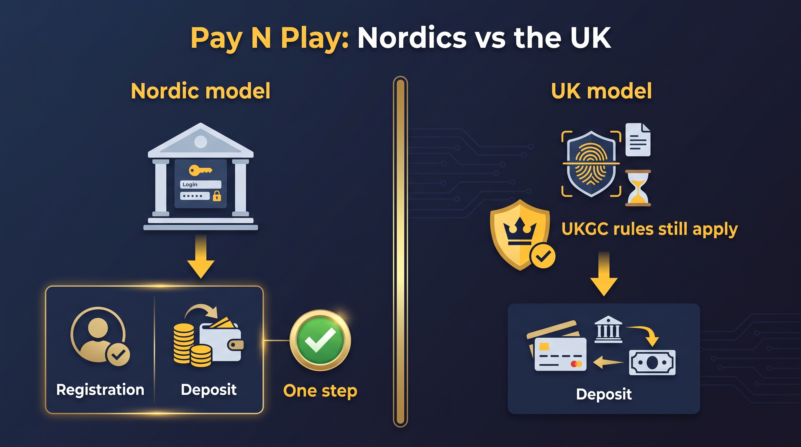 Comparison showing the Nordic Pay N Play model merging registration and deposit into one step versus the UK model where UKGC verification comes first