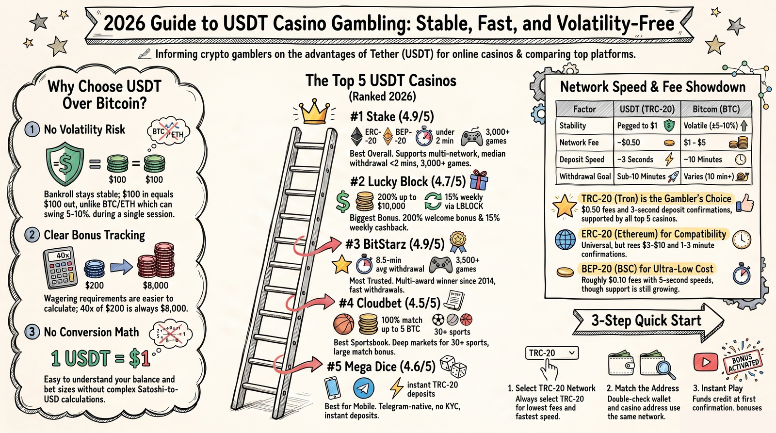Top 5 USDT casinos 2026 at a glance sketch-note infographic — Stake, BitStarz, Lucky Block, Thunderpick, Cloudbet comparison on withdrawal speed, bonuses, networks