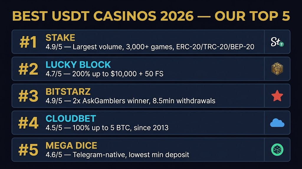Best USDT casino sites 2026 — top 5 ranked Stake, Lucky Block, BitStarz, Cloudbet, Mega Dice with ratings and features