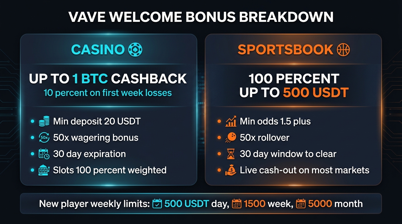 Vave welcome bonus — casino 1 BTC cashback on first week losses, sports 100 percent up to 500 USDT with 50x wagering