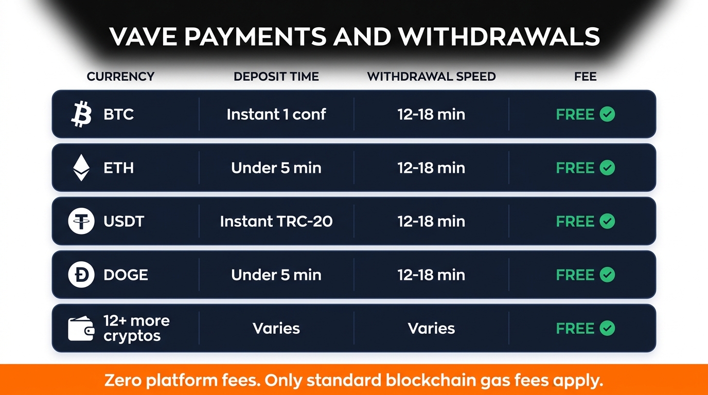 Vave payment methods — BTC ETH USDT DOGE across 12 cryptos fee-free, 12-18 min withdrawals
