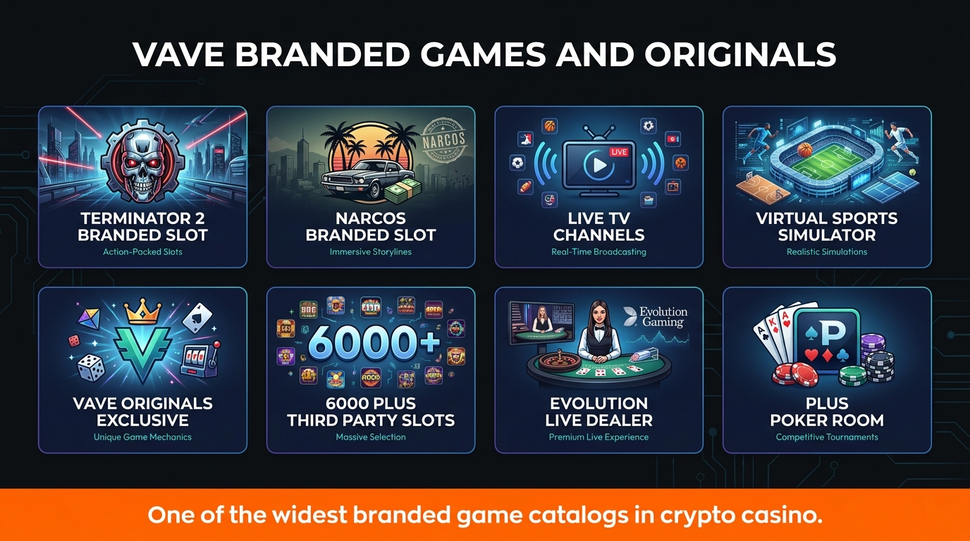 Vave branded games — Terminator 2 slot, Narcos slot, live TV channels, virtual sports simulator