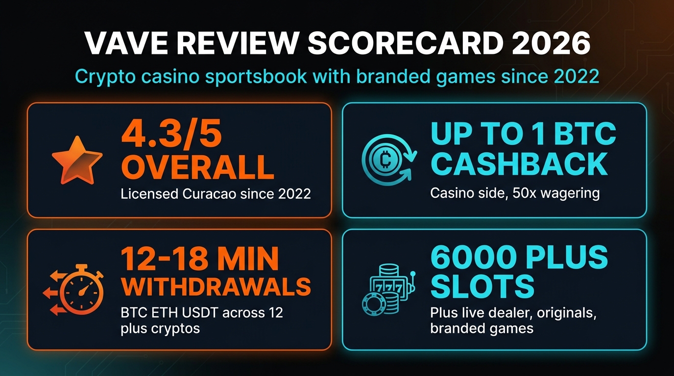 Vave Review 2026 scorecard — 4.3 out of 5 rating, up to 1 BTC casino cashback, 500 USDT sports welcome, 6000 plus games