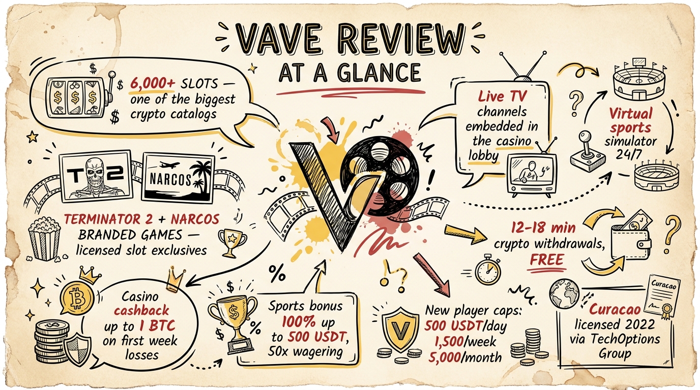 Vave at a glance sketch-note infographic — 6000 plus slots, Terminator 2 Narcos branded games, virtual sports, 12-18 min withdrawals, Curacao licensed 2022