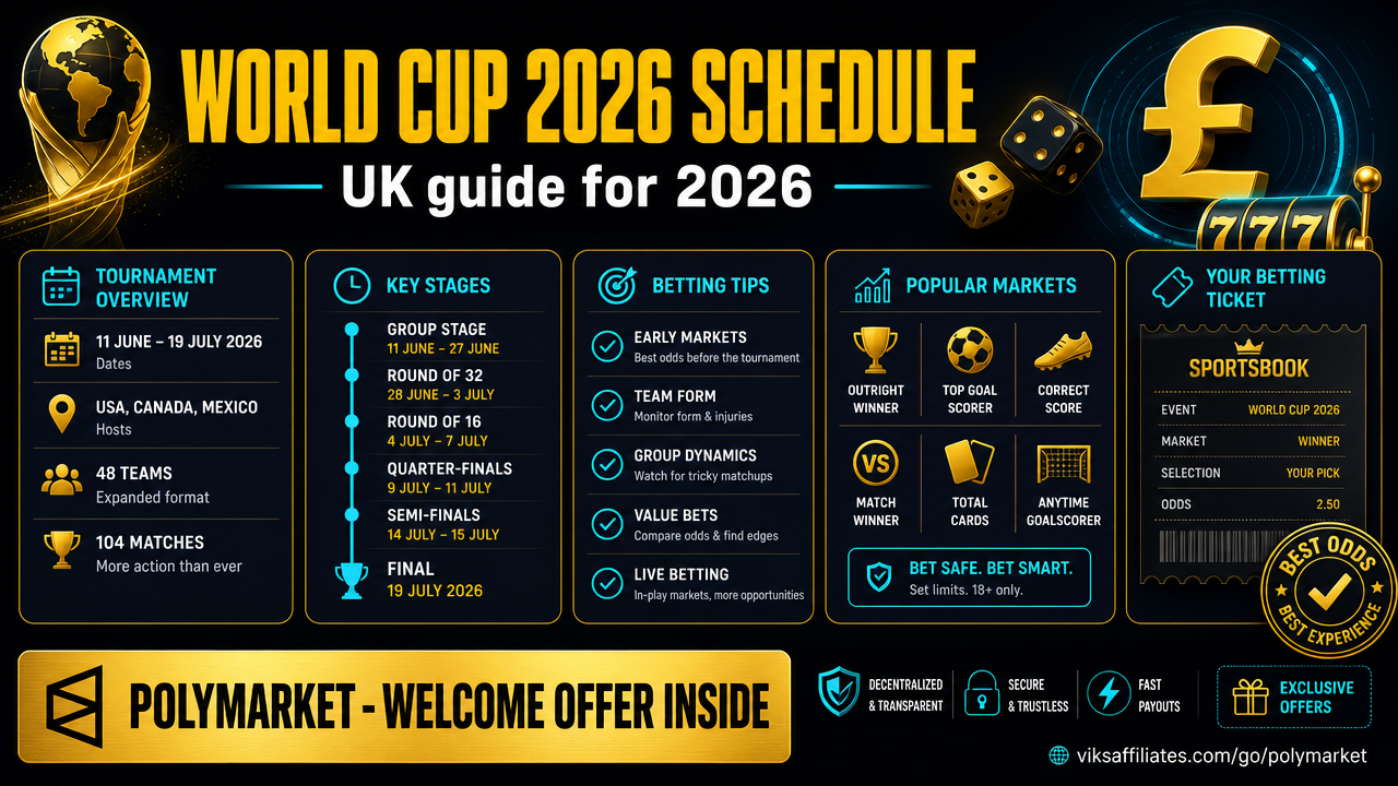 World Cup 2026 schedule banner showing host nations USA, Mexico and Canada with key dates