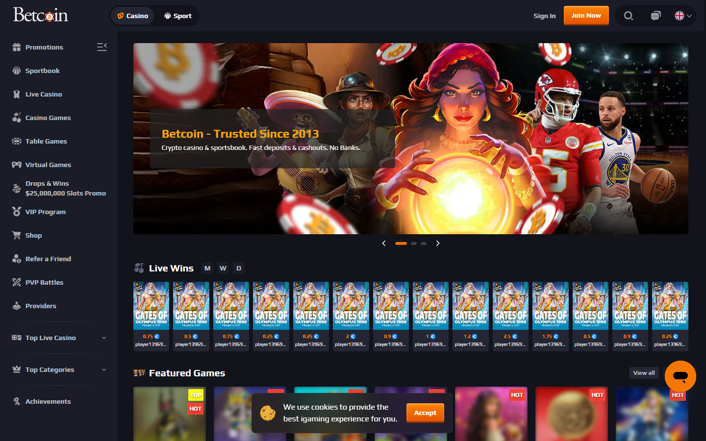 Betcoin homepage — clean sportsbook interface with live betting and crypto deposit options