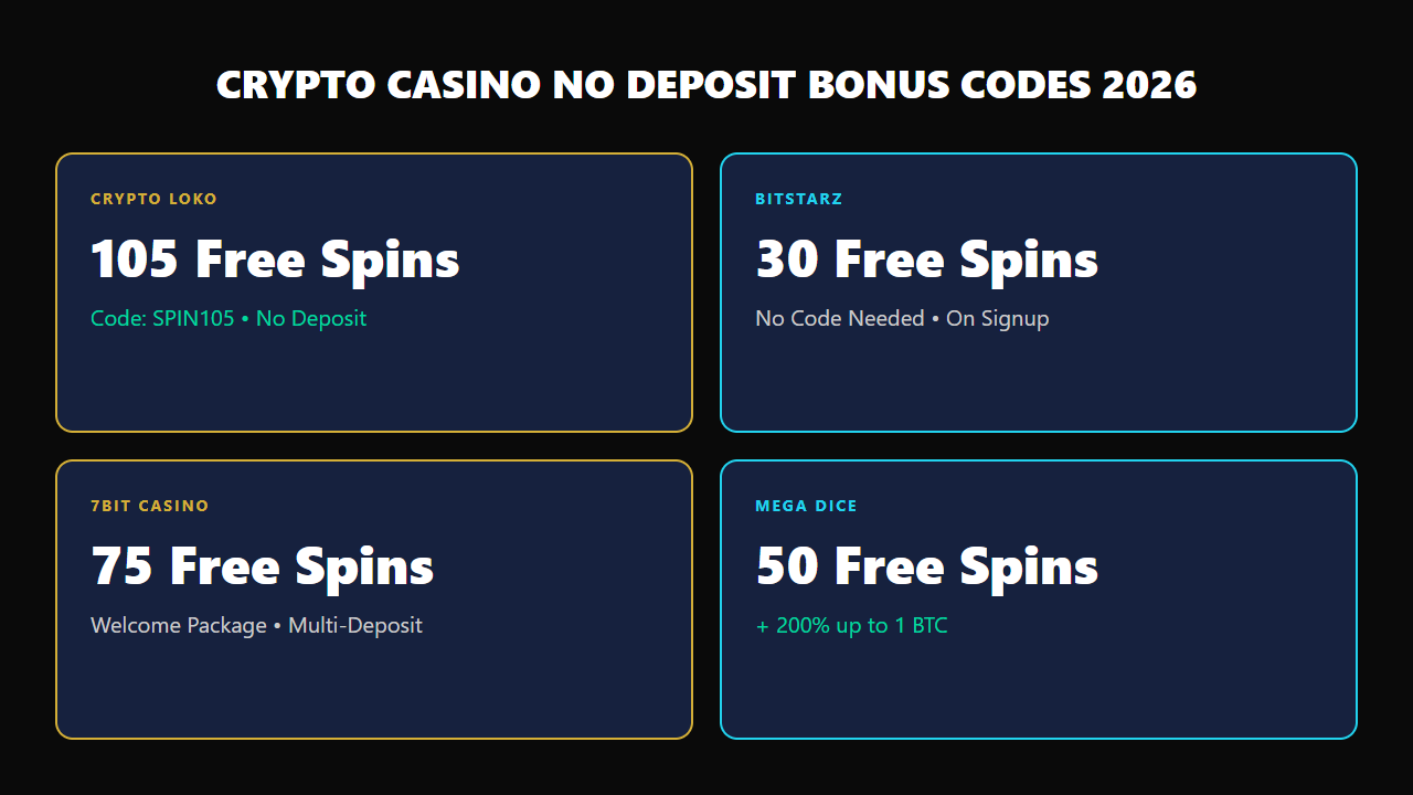 Comparison of crypto casino no deposit bonus codes for 2026 — Crypto Loko 105 spins, BitStarz 30 spins, 7Bit 75 spins, Mega Dice 50 spins