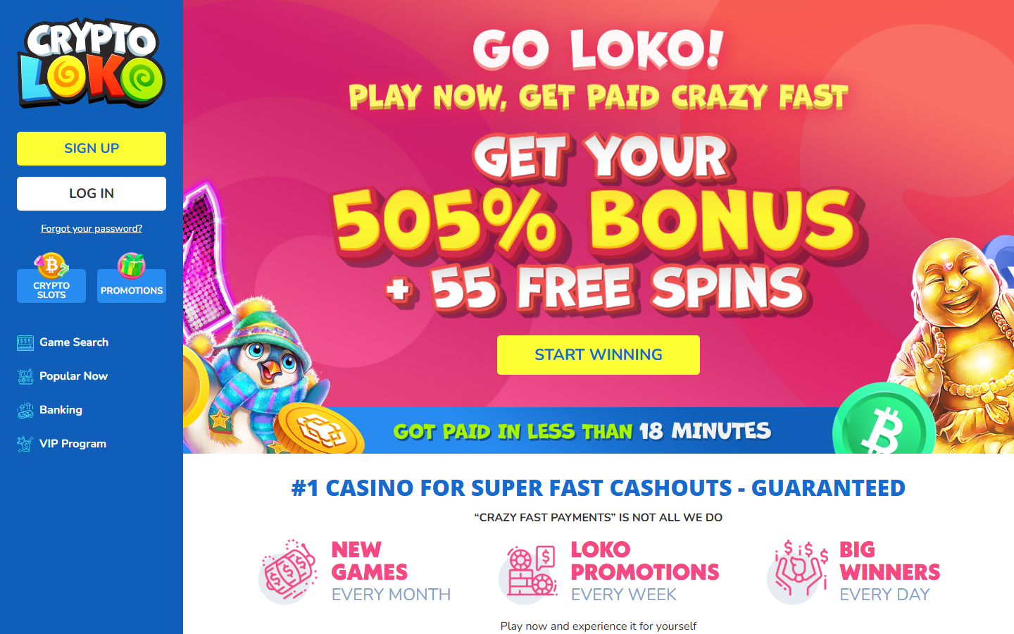 Crypto Loko casino homepage showing welcome bonus and game lobby