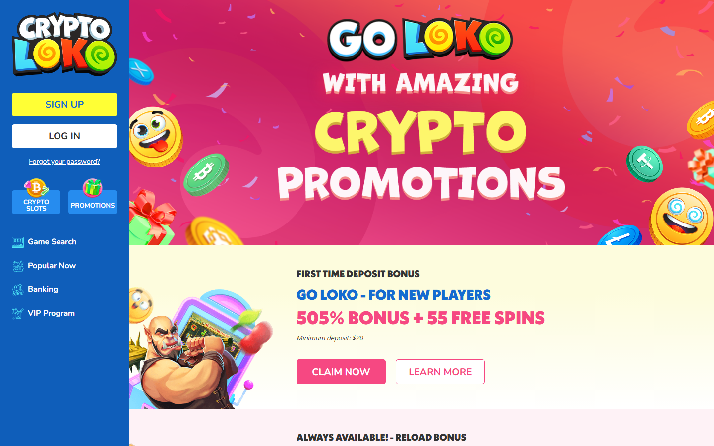 Crypto Loko promotions page showing active bonus codes and cashback offers