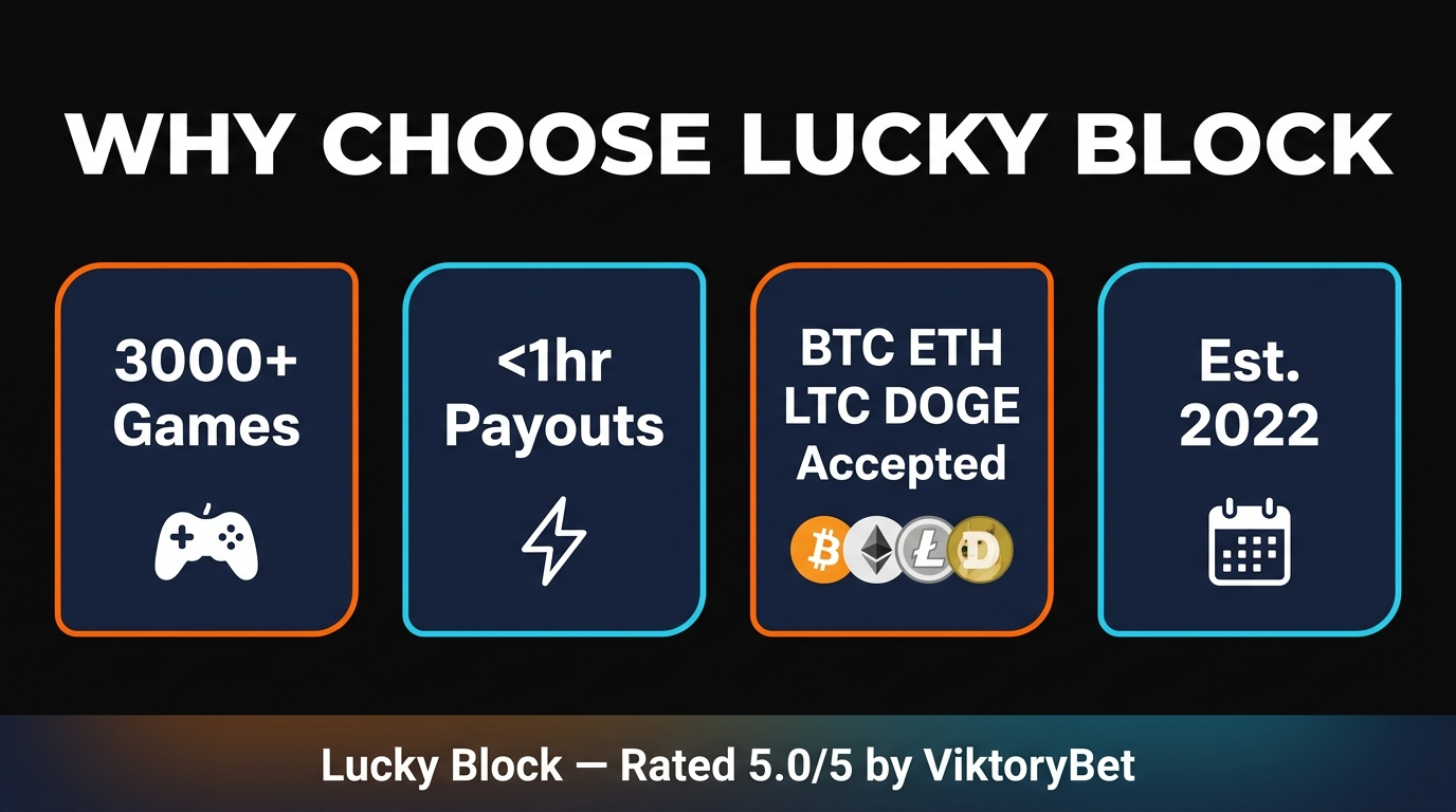 Lucky Block features overview — 200% welcome bonus, VIP program, growing crash selection