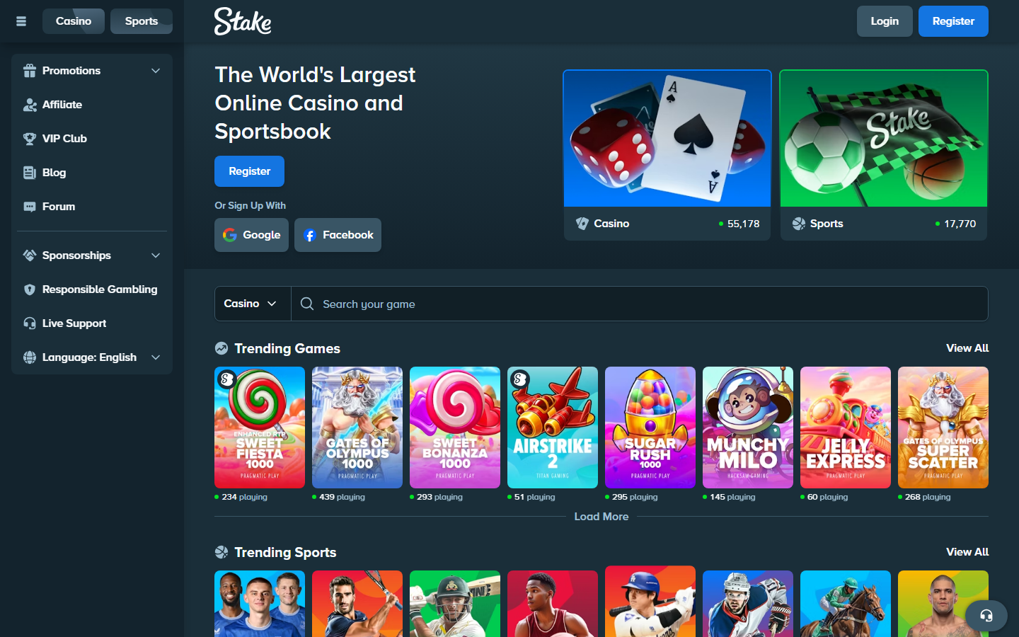 Stake.com homepage — dark UI with featured games, live sports, and Stake Originals
